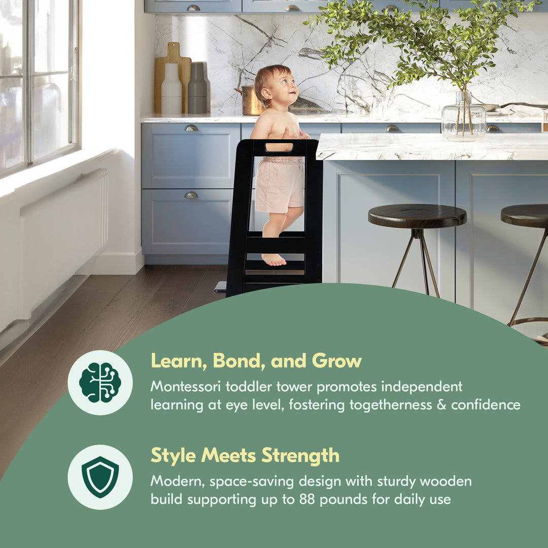 Hauck Learn N Explore Montessori Toddler Tower, Wooden Kitchen Stool, Black