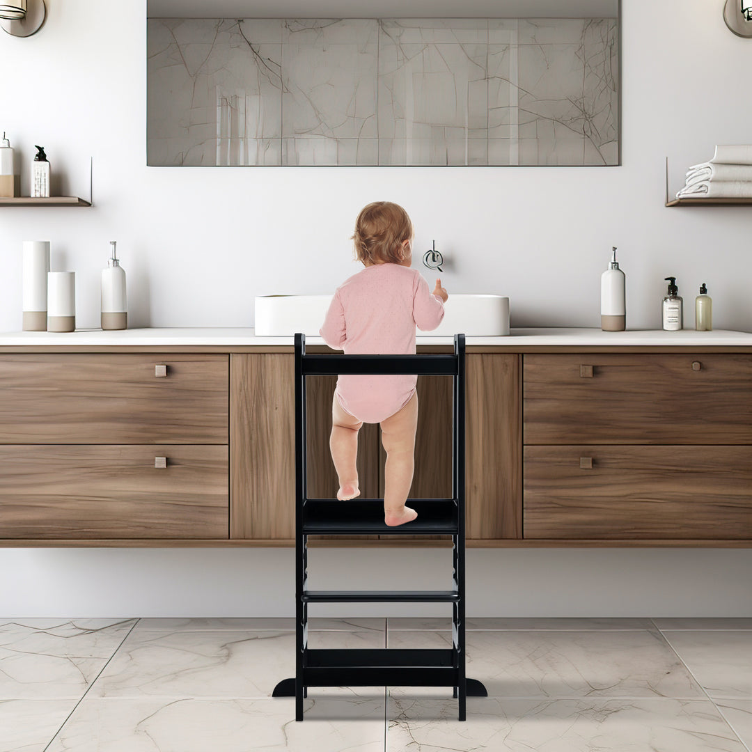 Hauck Learn N Explore Montessori Toddler Tower, Wooden Kitchen Stool, Black