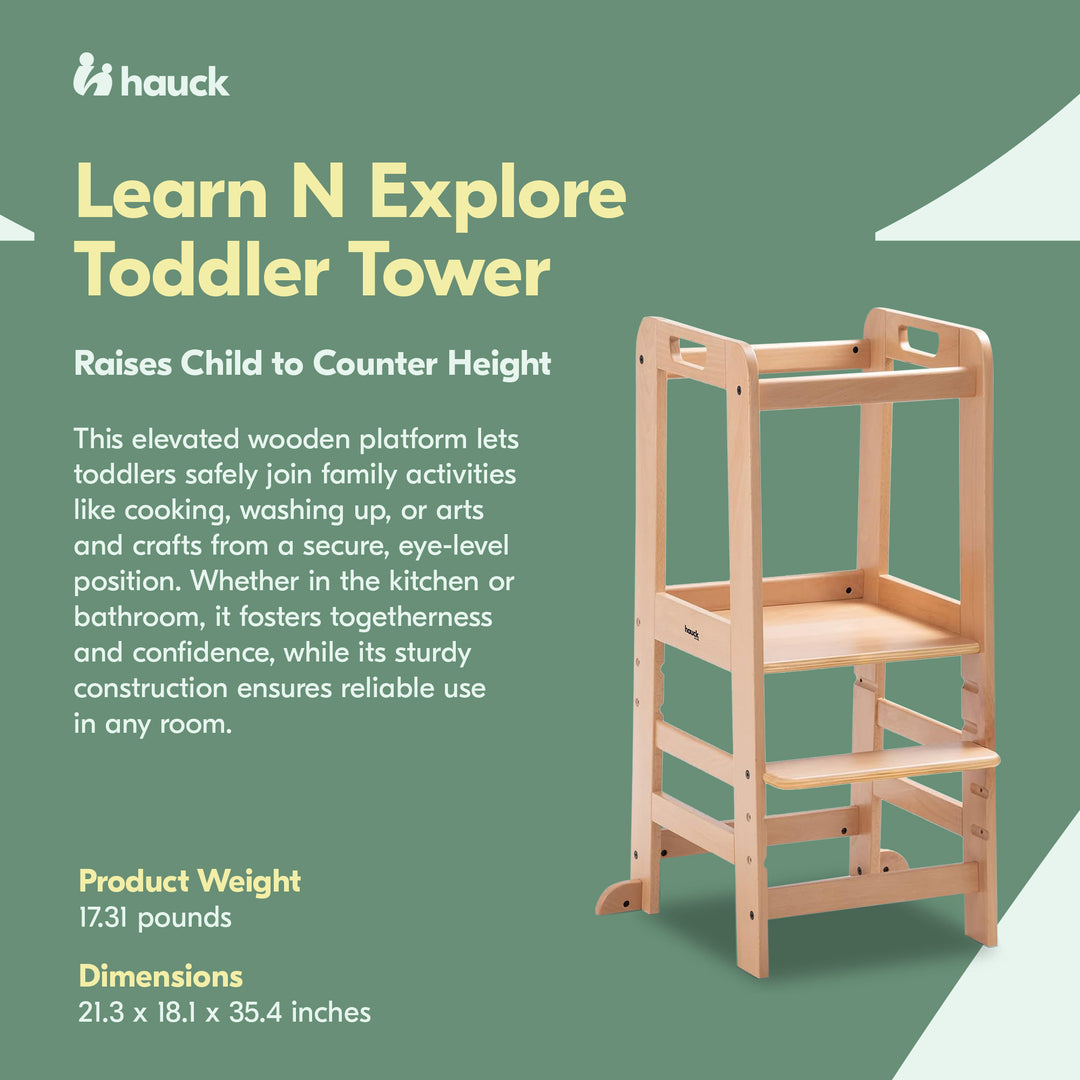 Hauck Learn N Explore Montessori Toddler Tower, Wooden Kitchen Stool, Natural