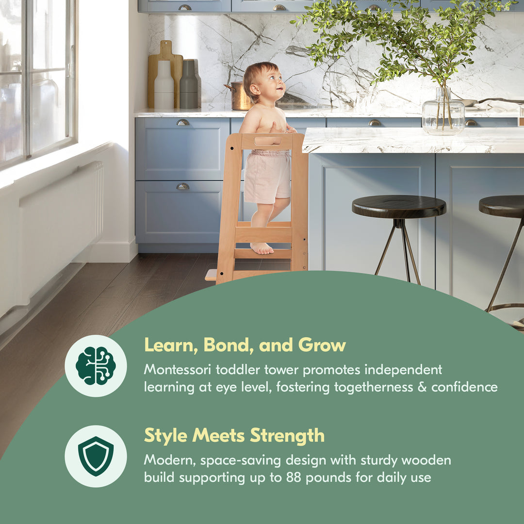 Hauck Learn N Explore Montessori Toddler Tower, Wooden Kitchen Stool, Natural