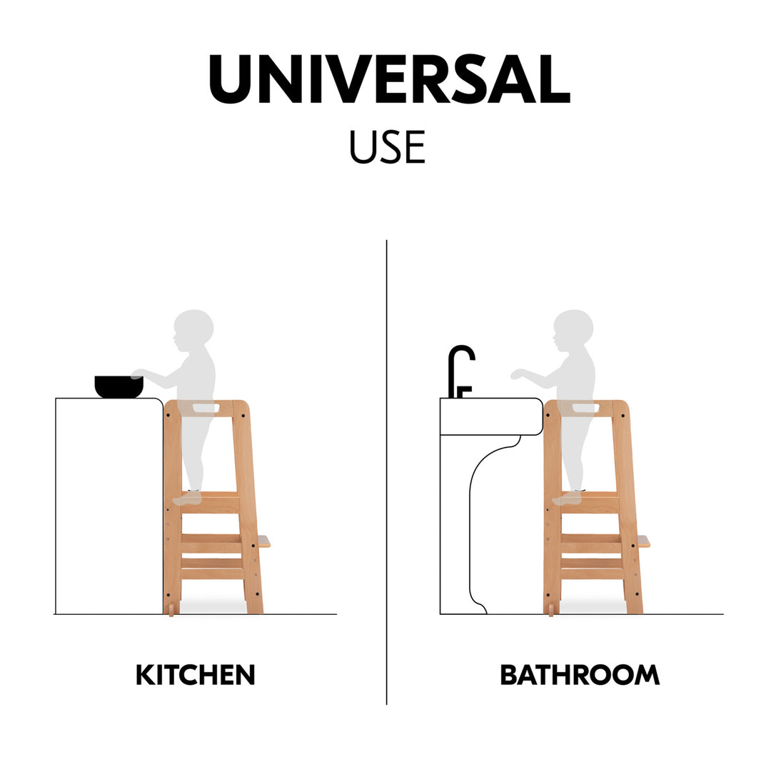 Hauck Learn N Explore Montessori Toddler Tower, Wooden Kitchen Stool, Natural