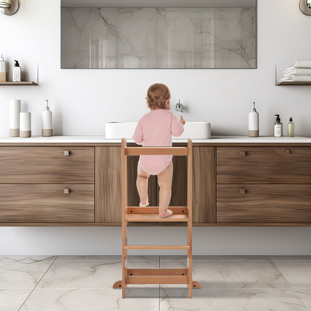Hauck Learn N Explore Montessori Toddler Tower, Wooden Kitchen Stool, Natural