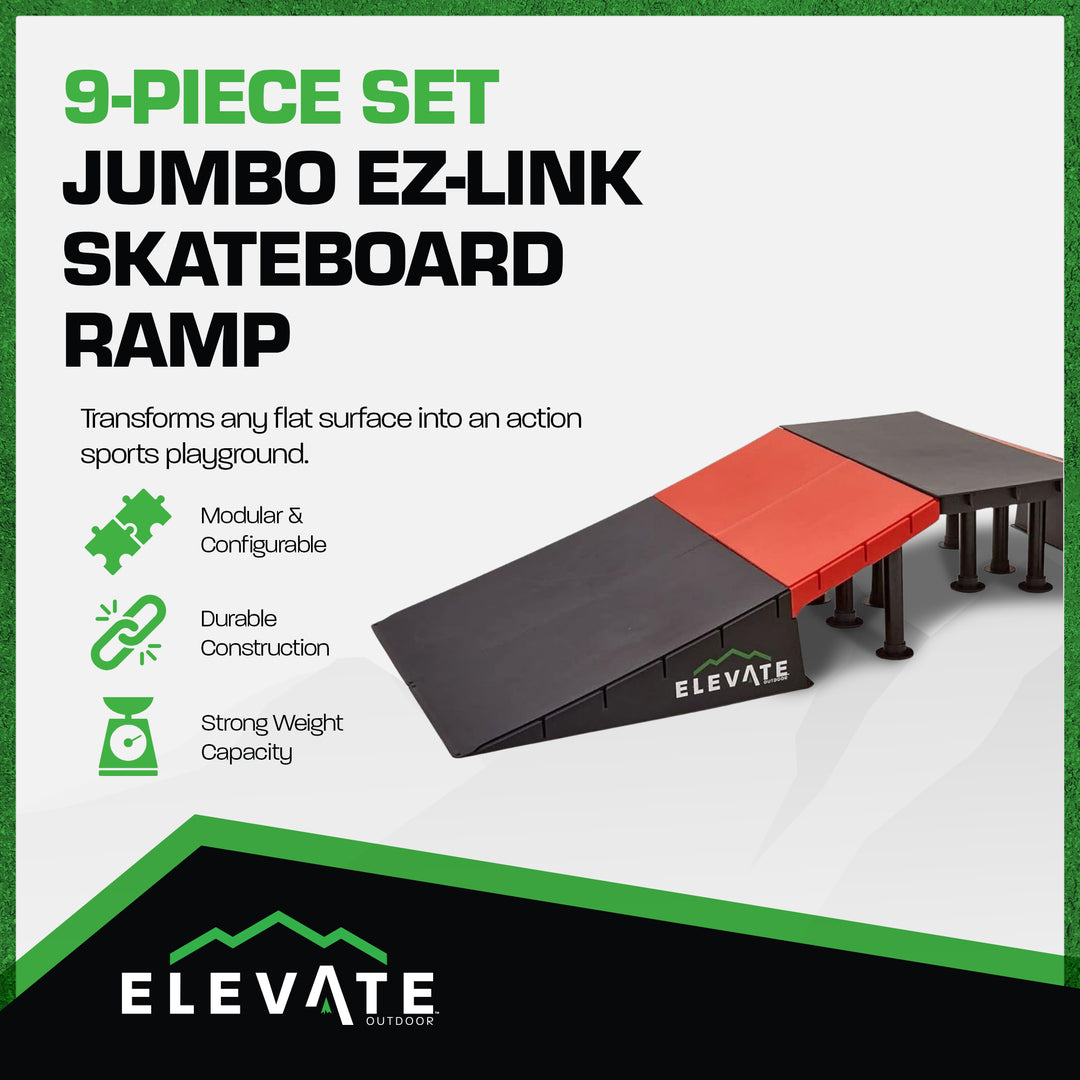 Elevate Outdoor Jumbo Skateboard Ramp 9-Piece Set with EZ-Link Setup, Orange