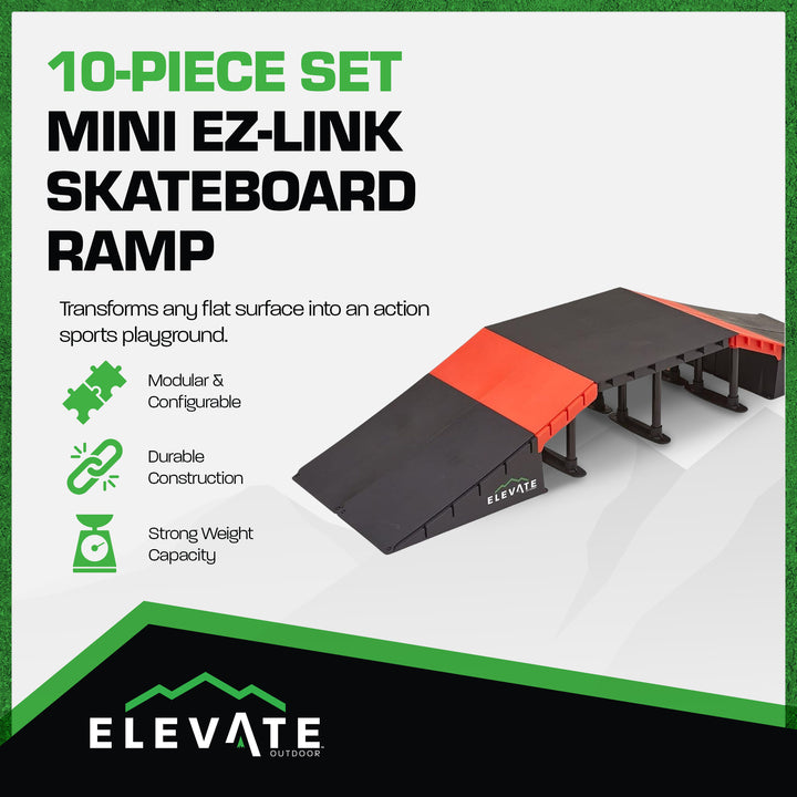 Elevate Outdoor Mini Skateboard Ramp 10-Piece Set with EZ-Link Setup, Orange