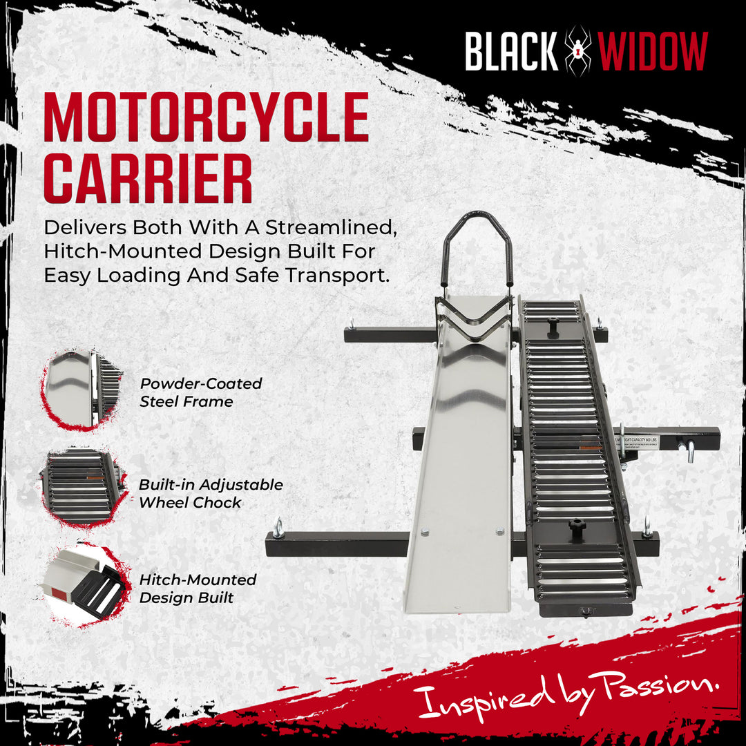 Black Widow Heavy Duty Hitch Mount Motorcycle Carrier, Steel Track & Ramp, Black