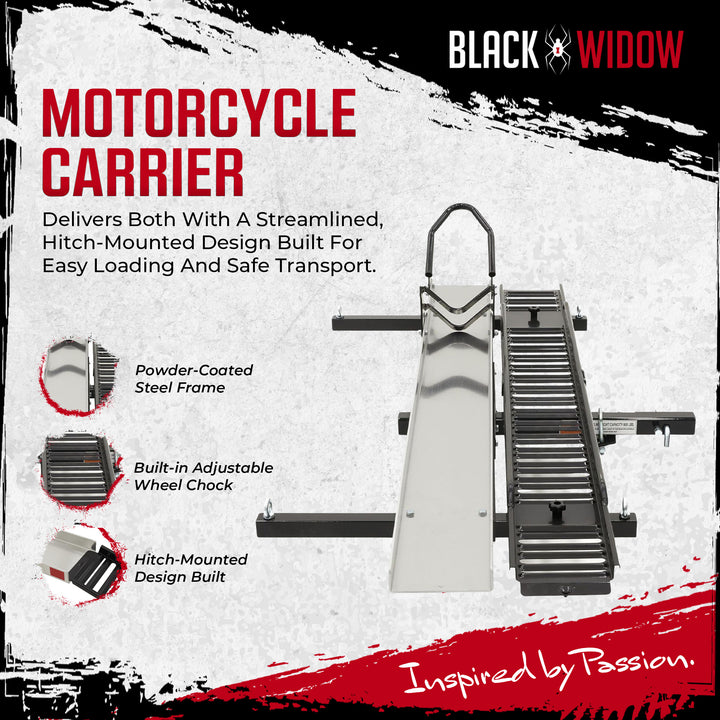Black Widow Heavy Duty Hitch Mount Motorcycle Carrier, Steel Track & Ramp, Black