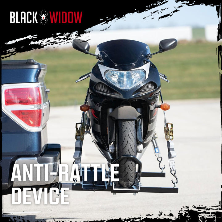 Black Widow Heavy Duty Hitch Mount Motorcycle Carrier, Steel Track & Ramp, Black