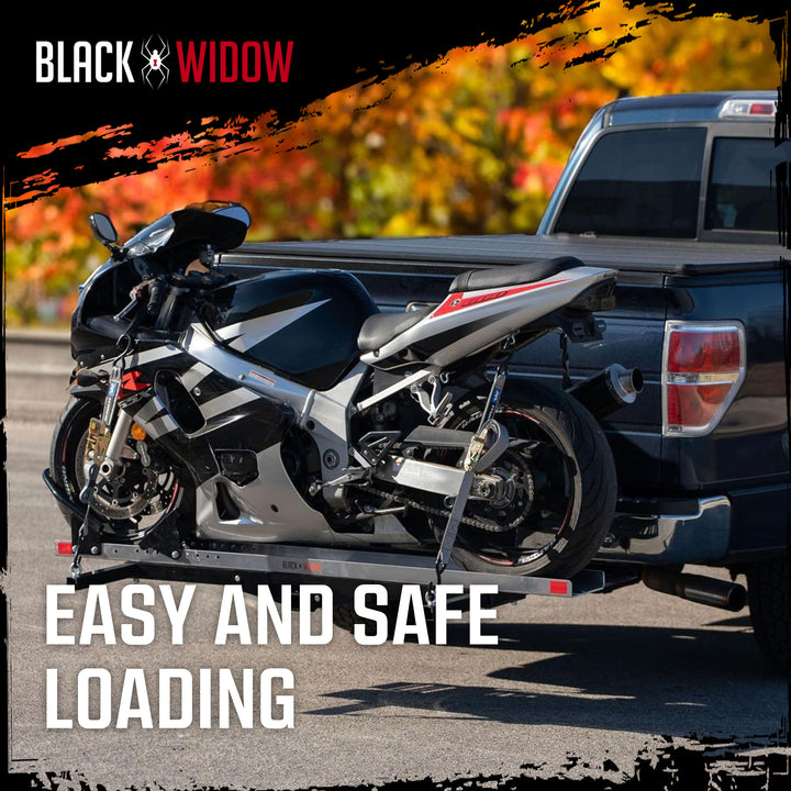 Black Widow Heavy Duty Hitch Mount Motorcycle Carrier, Steel Track & Ramp, Black