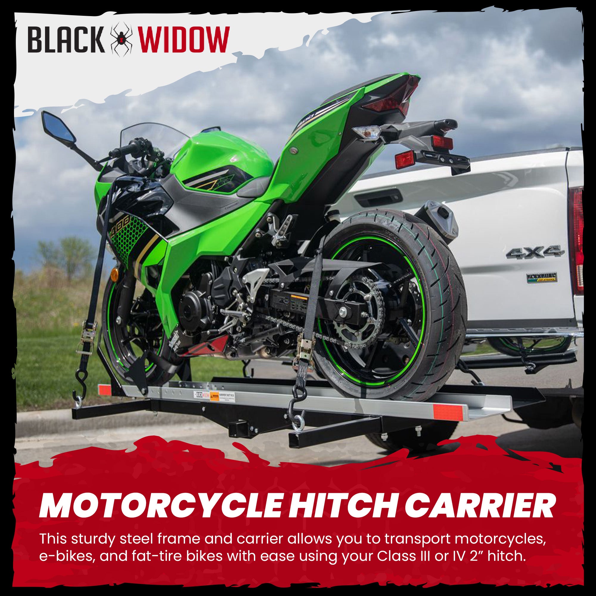 Black Widow Heavy Duty Hitch Mount Motorcycle Carrier, Steel Track & Ramp, Black - VMInnovations