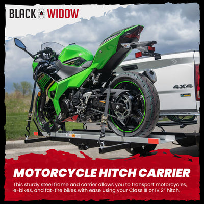 Black Widow Heavy Duty Hitch Mount Motorcycle Carrier, Steel Track & Ramp, Black - VMInnovations