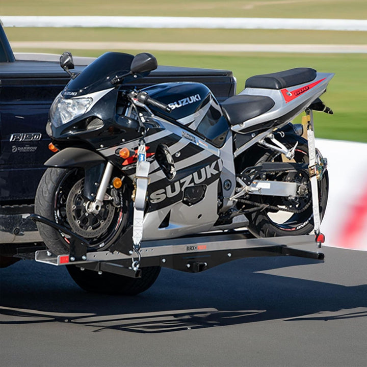 Black Widow Heavy Duty Hitch Mount Motorcycle Carrier, Steel Track & Ramp, Black