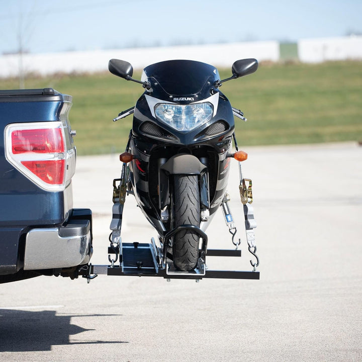 Black Widow Heavy Duty Hitch Mount Motorcycle Carrier, Steel Track & Ramp, Black