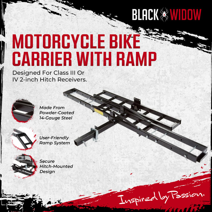 Black Widow Motorcycle Bike Carrier with Ramp for 2" Hitch, 500 Pound Capacity
