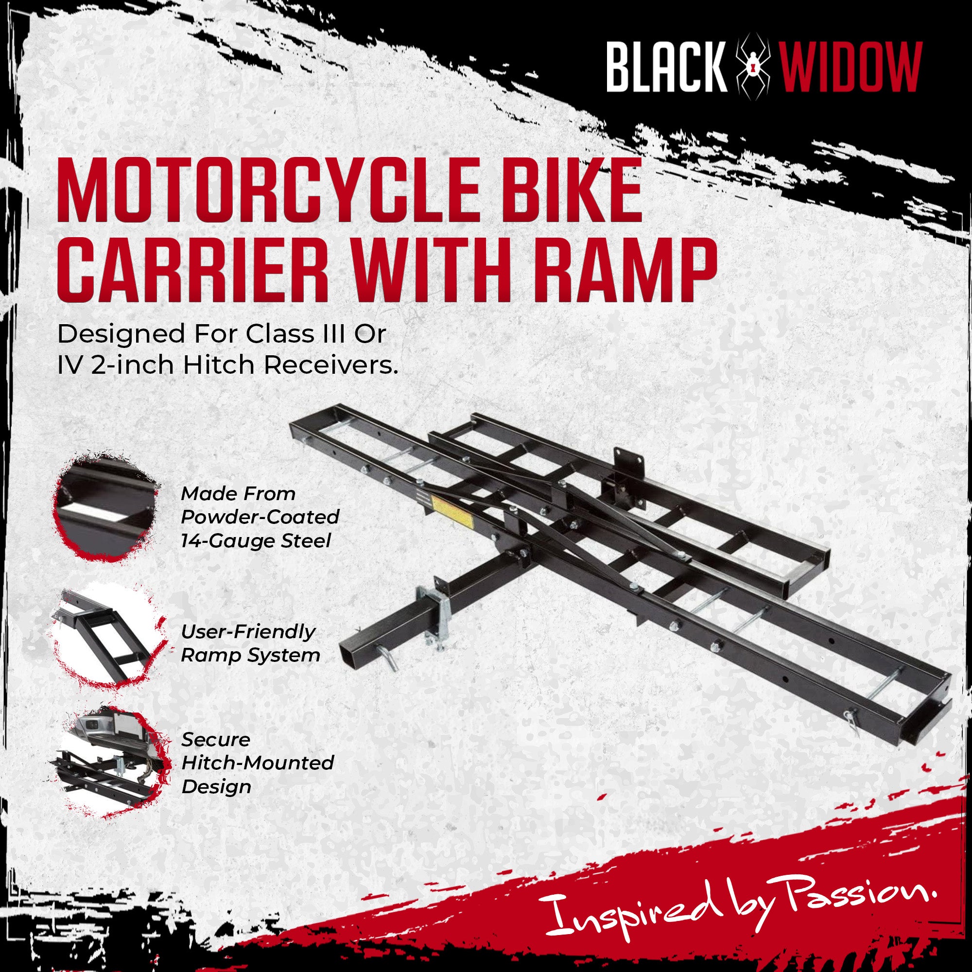 Black Widow Motorcycle Bike Carrier with Ramp for 2" Hitch, 500 lbs Cap(Used)