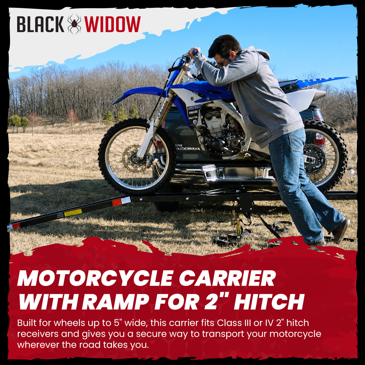 Black Widow Motorcycle Bike Carrier with Ramp for 2" Hitch, 500 lbs Cap(Used)