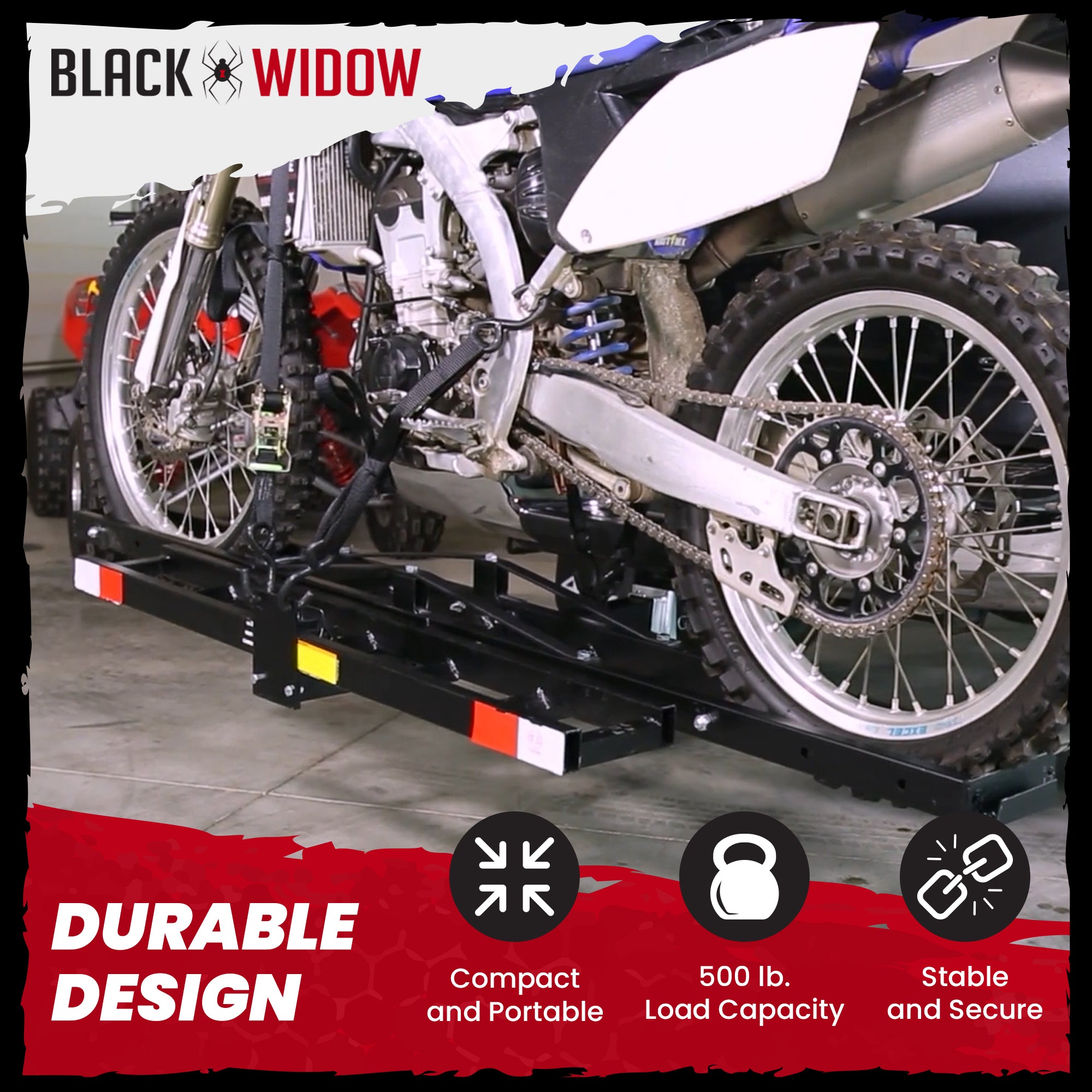 Black Widow Motorcycle Bike Carrier with Ramp for 2" Hitch, 500 lbs Cap(Used)
