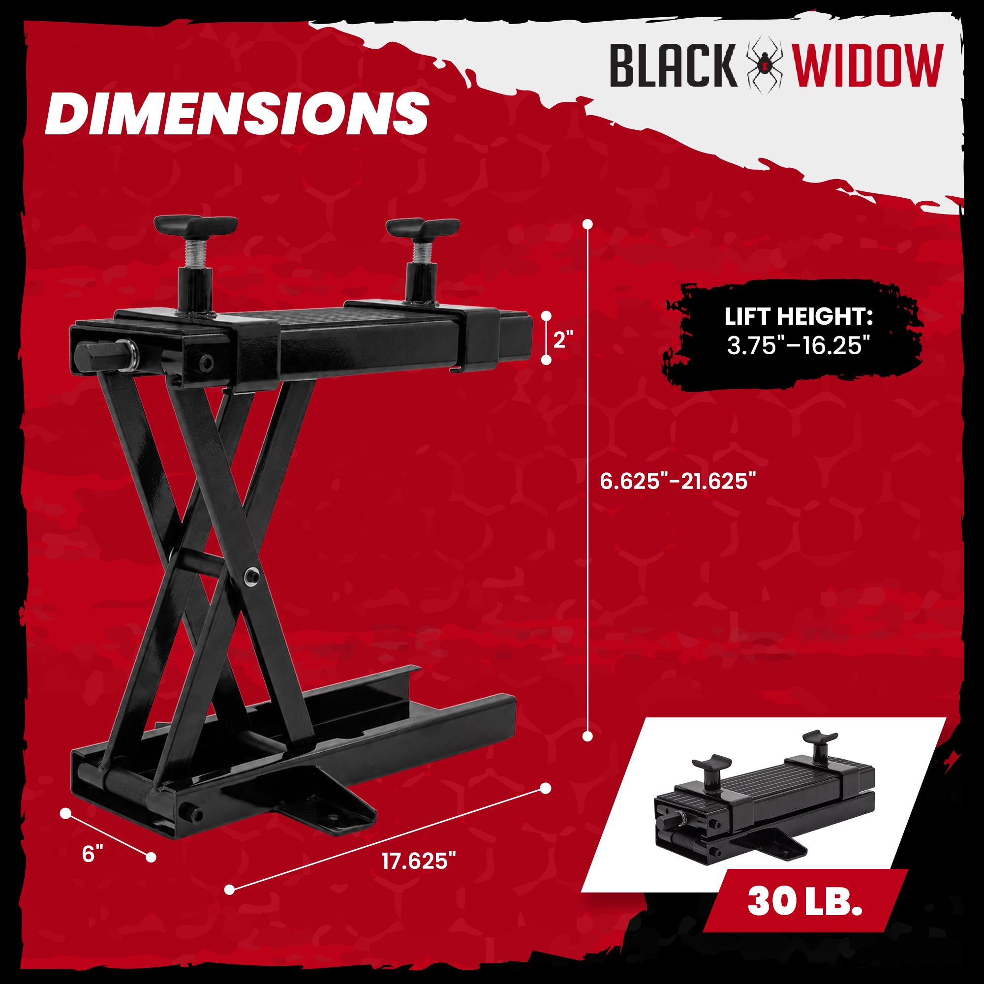 Black Widow Steel Motorcycle Jack for Front/Rear Tires, 3.75"-16.25" Lift Height