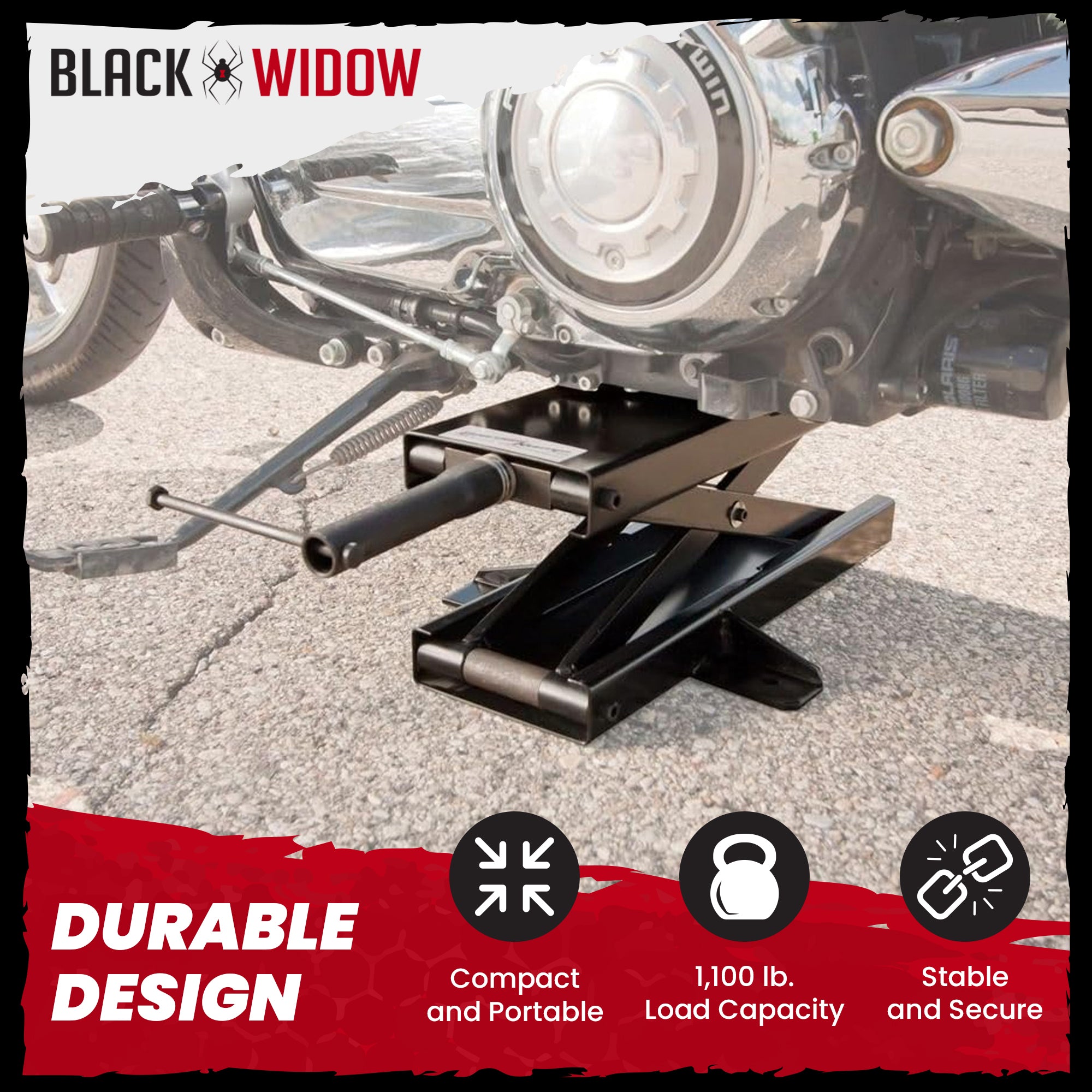 Black Widow Steel Motorcycle Jack for Front/Rear Tires, 3.75"-16.25" Lift Height