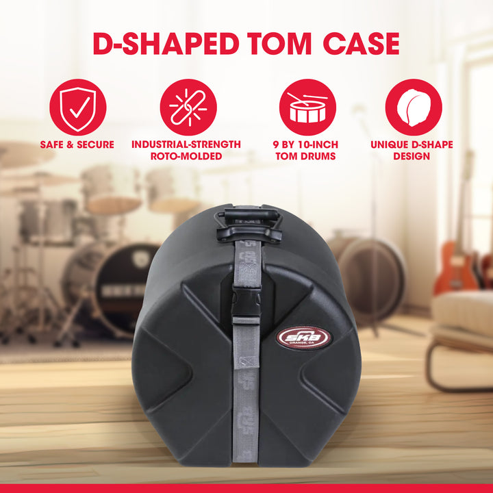 SKB 9" x 10" Tom Case with Padded Interior and D-Shaped Drum Design, Black