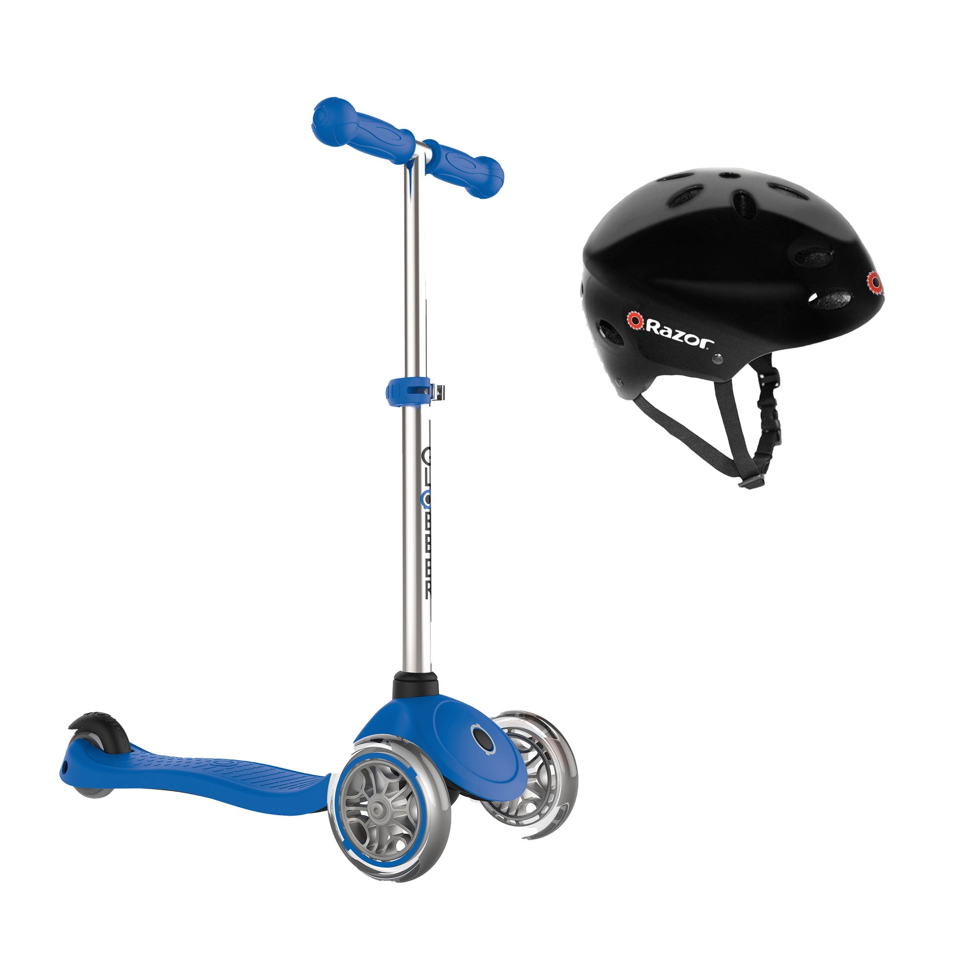 Globber Primo 3-Wheel Adjustable Kick Scooter with Razor Black Helmet