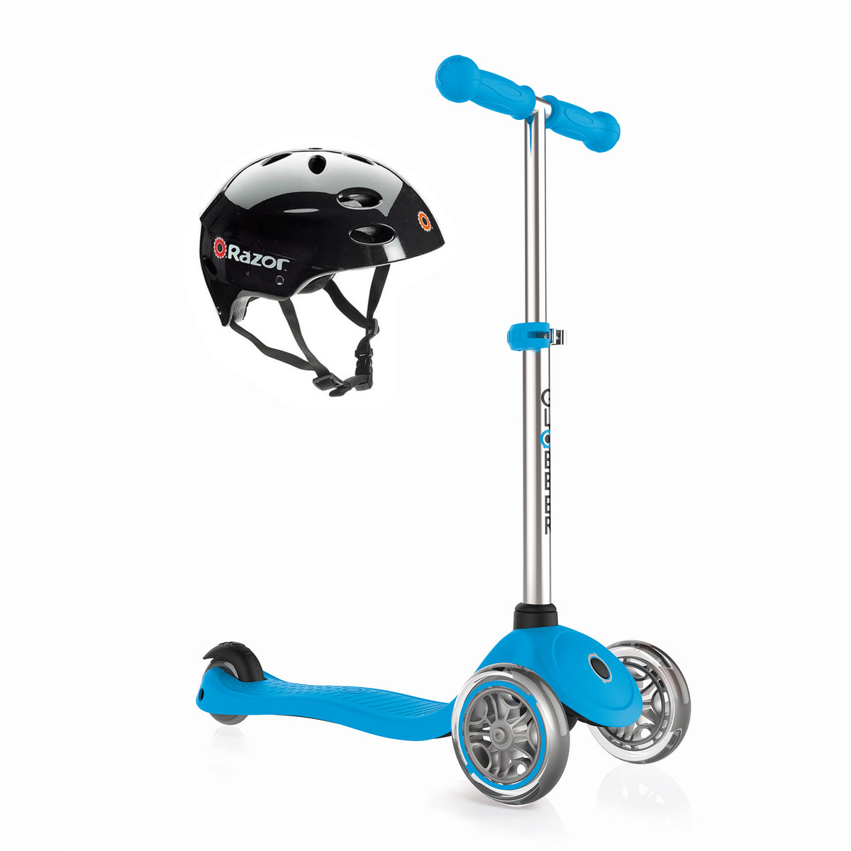 Globber Primo 3 Wheel Childrens Kids Kick Scooter Bundle with Razor Youth Helmet