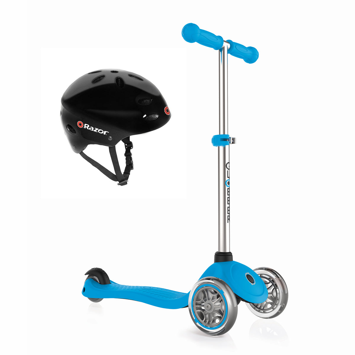Globber Primo 3-Wheel Adjustable Height Kids Kick Scooter Bundle with Helmet