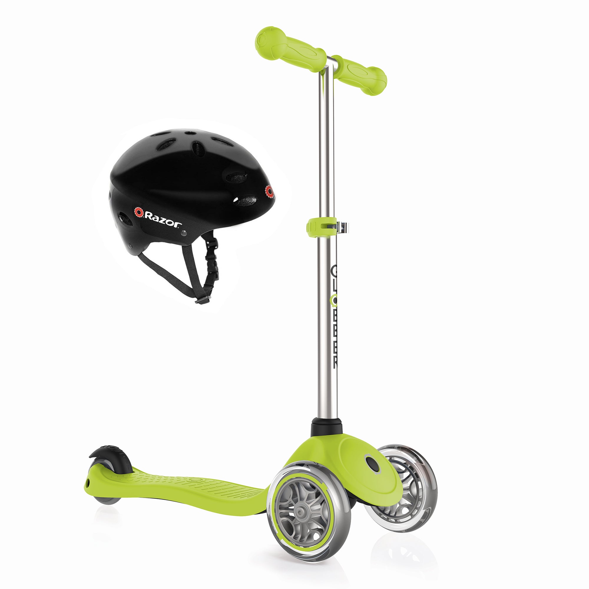 Globber Primo 3-Wheel Kids Kick Scooter Bundle with Razor V17 Childrens Helmet