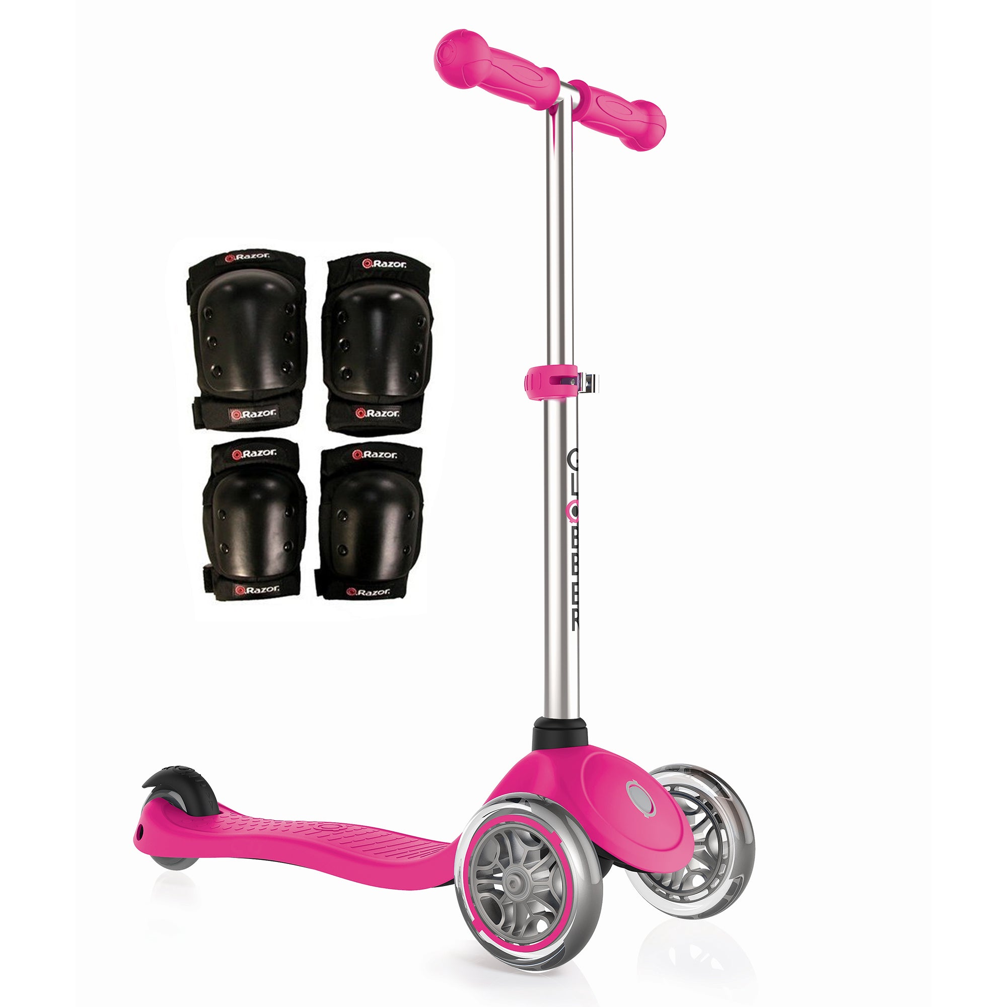 Globber Primo 3-Wheel Kids Kick Scooter Bundle w/ Razor Child Elbow & Knee Pads