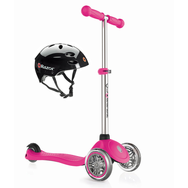 Globber Primo 3-Wheel Pink Kids Kick Scooter Bundle with Razor V17 Youth Helmet