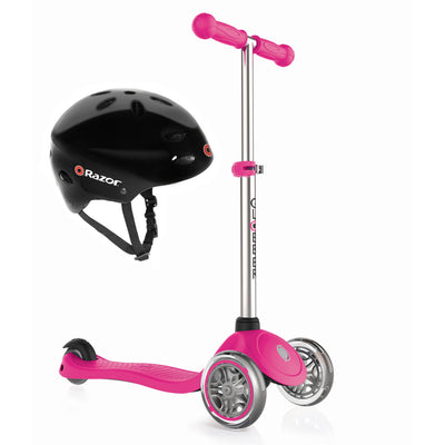 Globber Primo 3-Wheel Kids Kick Scooter Bundle with Razor V17 Childrens Helmet