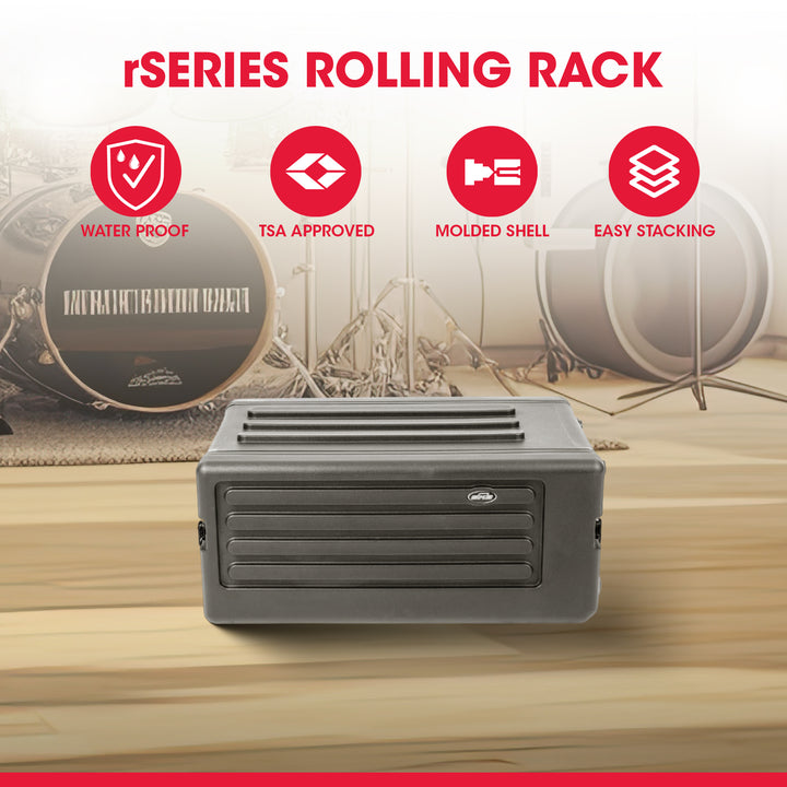 SKB 4U rSeries Shallow Rolling Rack with Integrated Back Wheels and Pull Handle