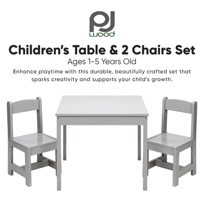 PJ Wood Children's Table and 2 Chairs Set for Kids Ages 1-5 Years Old, Grey - VMInnovations