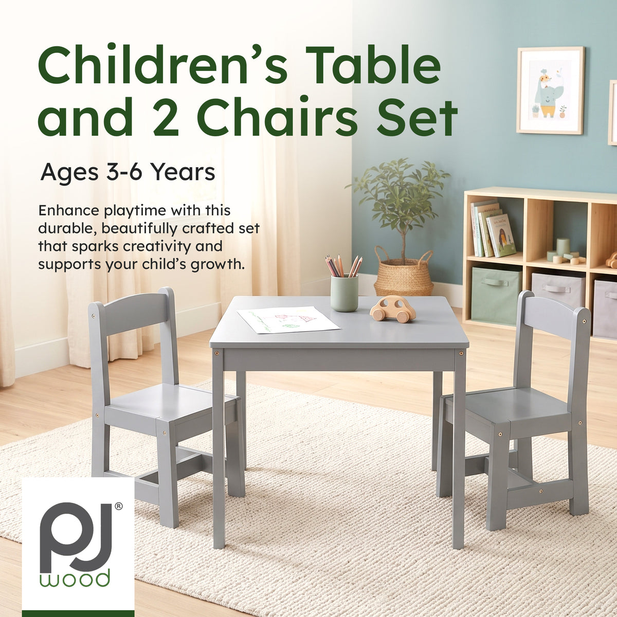PJ Wood Children's Table and 2 Chairs Set for Kids Ages 1-5 Years Old, Grey - VMInnovations