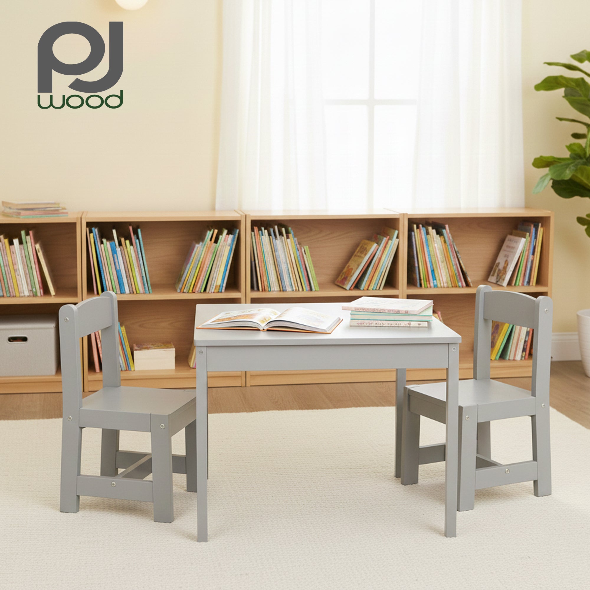 PJ Wood Children's Table and 2 Chairs Set for Kids Ages 1-5 Years Old, Grey - VMInnovations
