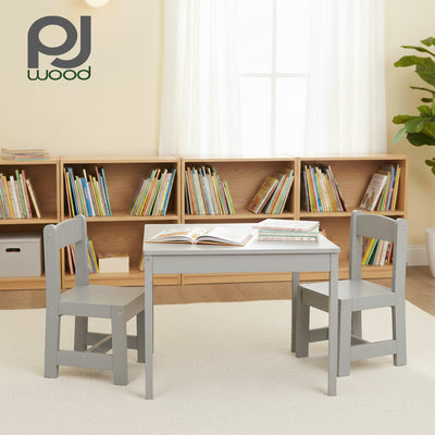 PJ Wood Children's Table and 2 Chairs Set for Kids Ages 1-5 Years Old, Grey - VMInnovations