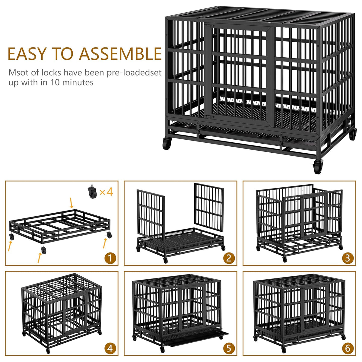 JY QAQA 38" Heavy Duty Indestructible Dog Crate, Double Door Kennel(For Parts)