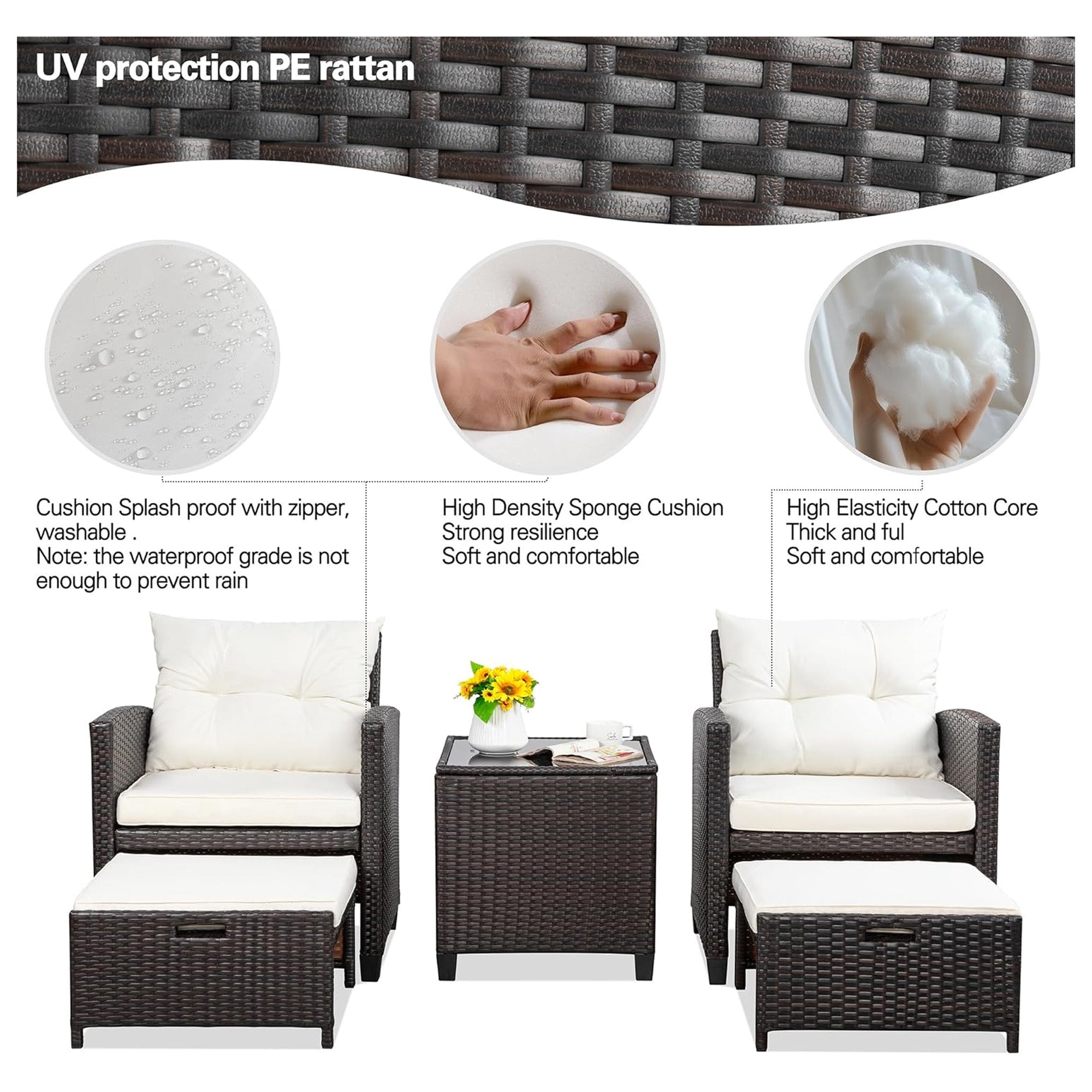 Vongrasig 5pc Patio Set, Wicker Chairs & Ottoman Table, Beige (Open Box) - VMInnovations