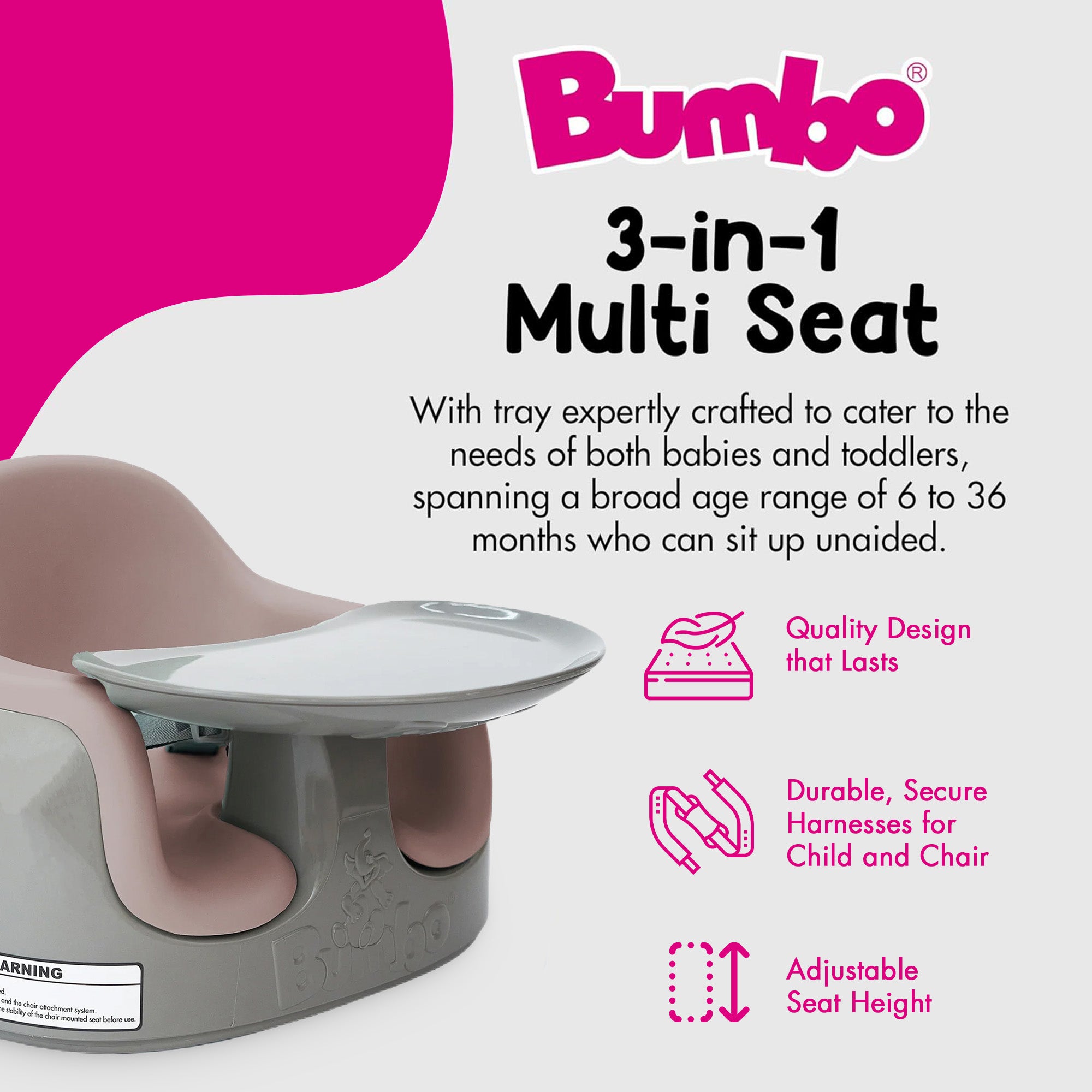 Bumbo Toddler Multi Seat 3-in-1 Booster High Chair and Tray, Breige/Sonoran Rose - VMInnovations