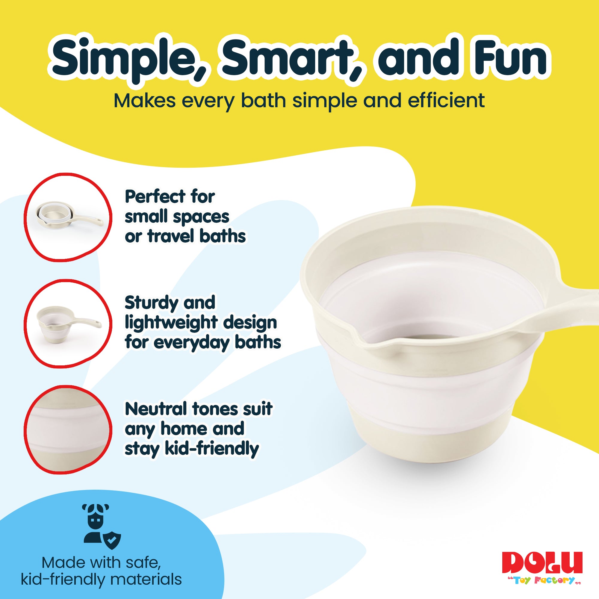 DOLU NUVE Foldable Bath Ladle for Compact Toddler Wash Tub, Ages 6+ Months, Beige - VMInnovations