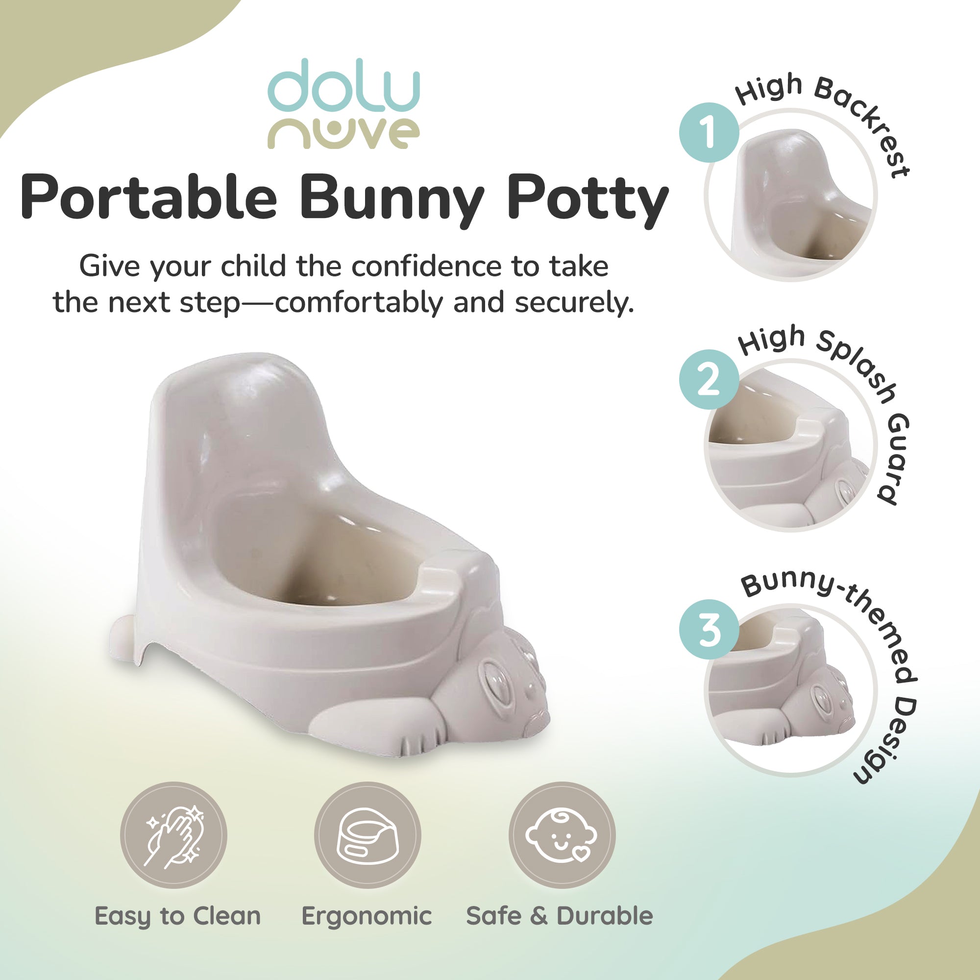 Dolu Nuve Portable Potty for Toddlers 18+ Months with Bunny-Themed Design, Beige - VMInnovations
