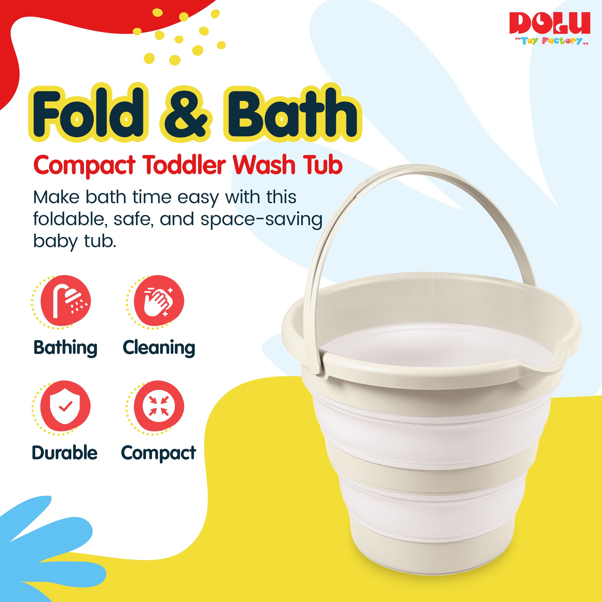 DOLU NUVE Foldable Baby Bath Bucket, Compact Toddler Wash Tub, Ages 6+ Months, Beige - VMInnovations