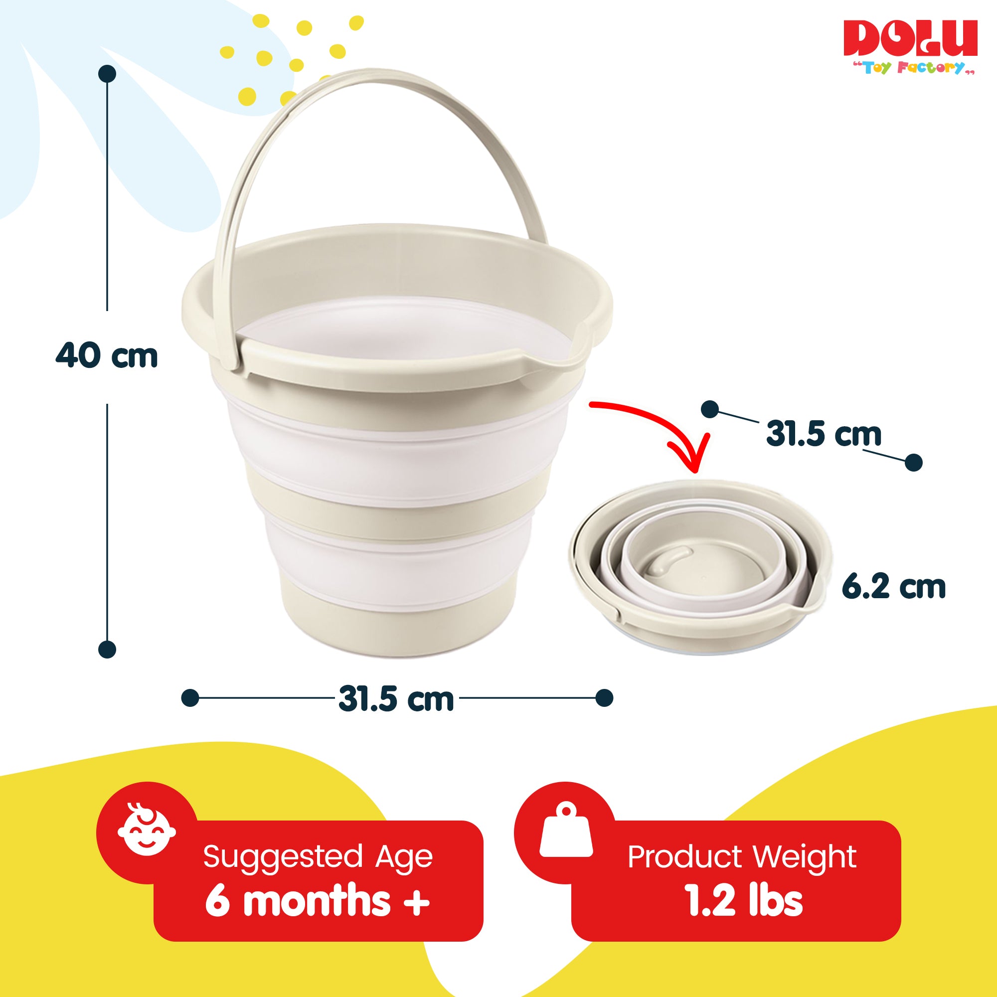 DOLU NUVE Foldable Baby Bath Bucket, Compact Toddler Wash Tub, Ages 6+ Months, Beige - VMInnovations