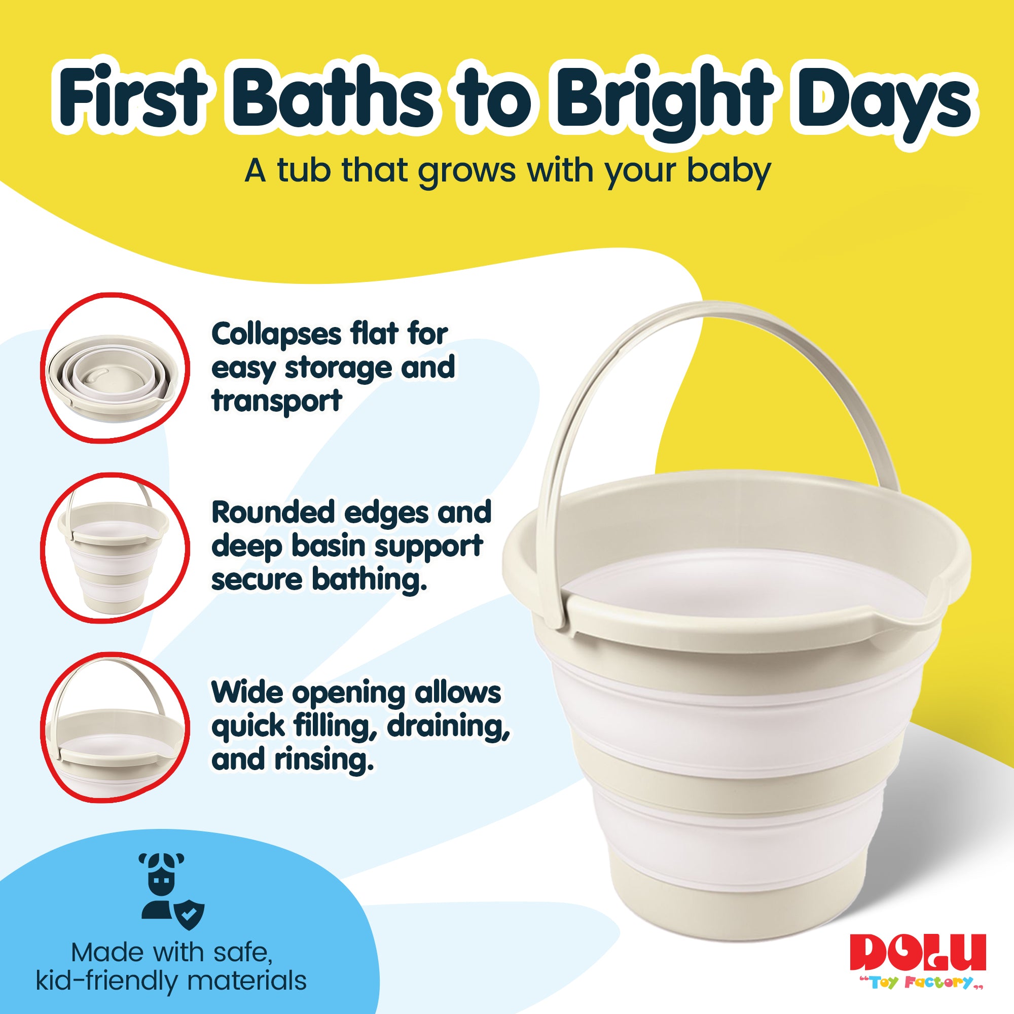 DOLU NUVE Foldable Baby Bath Bucket, Compact Toddler Wash Tub, Ages 6+ Months, Beige - VMInnovations
