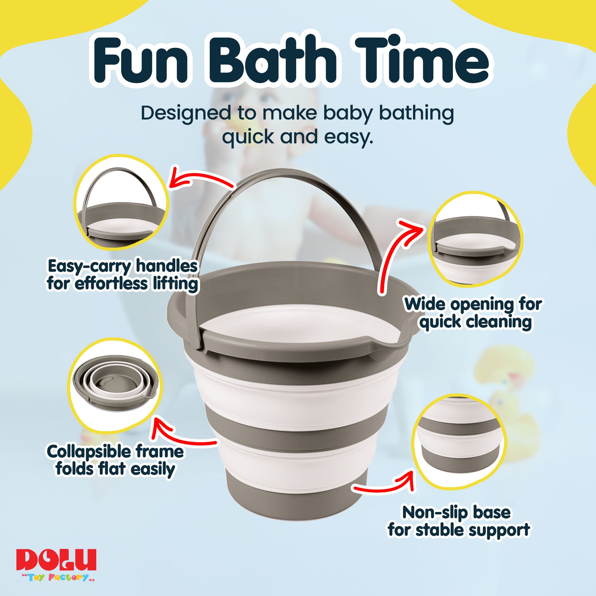 DOLU NUVE Foldable Baby Bath Bucket, Compact Toddler Wash Tub, Ages 6+ Months, Grey - VMInnovations
