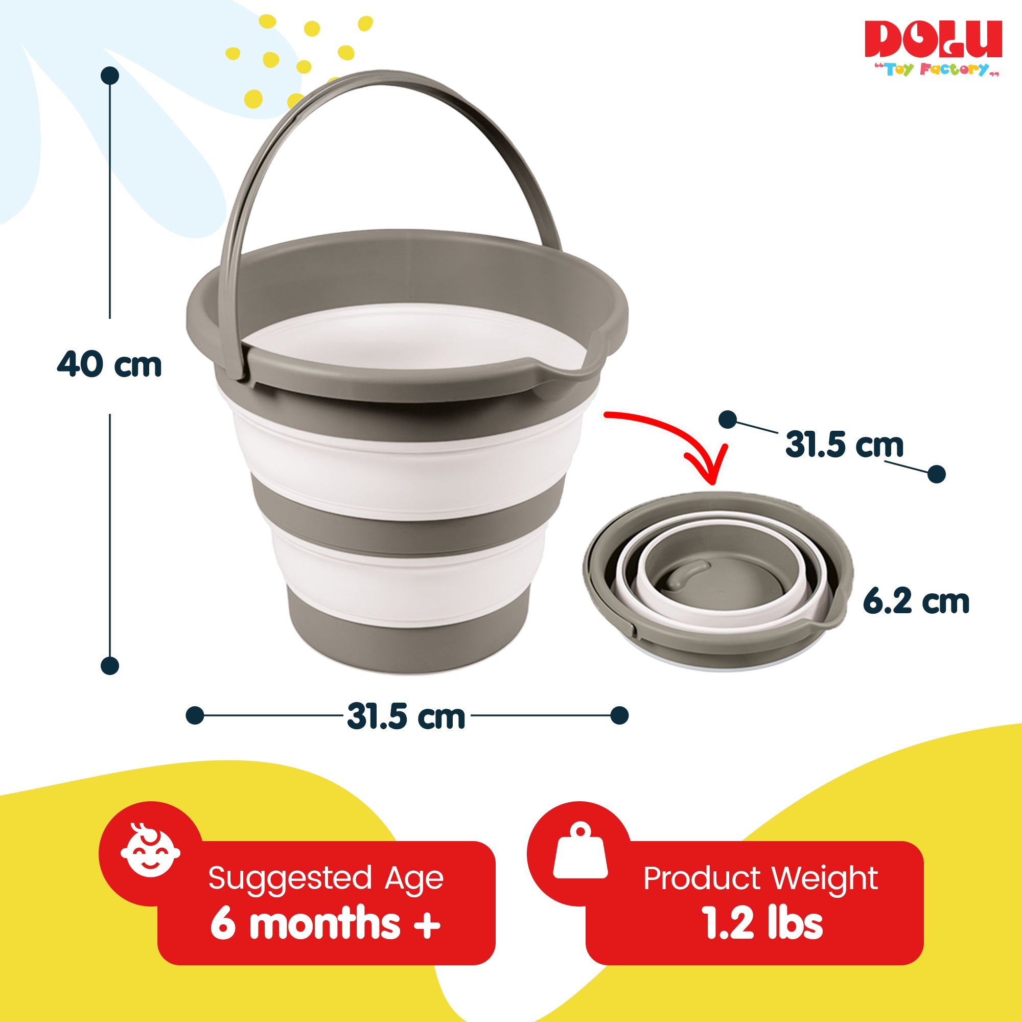 DOLU NUVE Foldable Baby Bath Bucket, Compact Toddler Wash Tub, Ages 6+ Months, Grey - VMInnovations