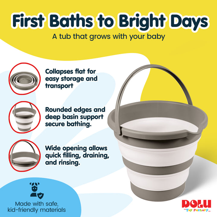 DOLU Foldable Baby Bath Bucket, Compact Toddler Wash Tub, Ages 6+ Months, Grey