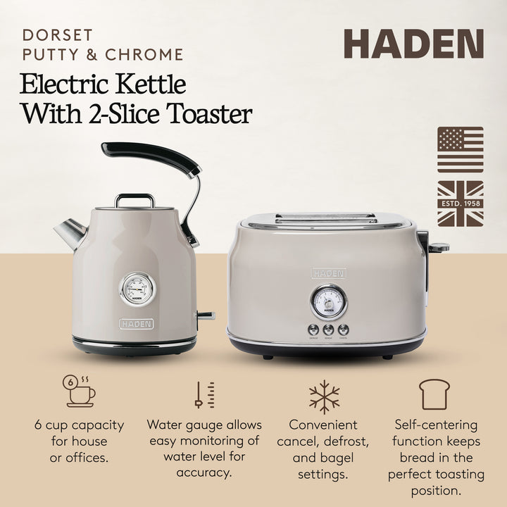 Haden Dorset 2 Slice Wide Slot Toaster & Electric Water Kettle, Putty & Chrome