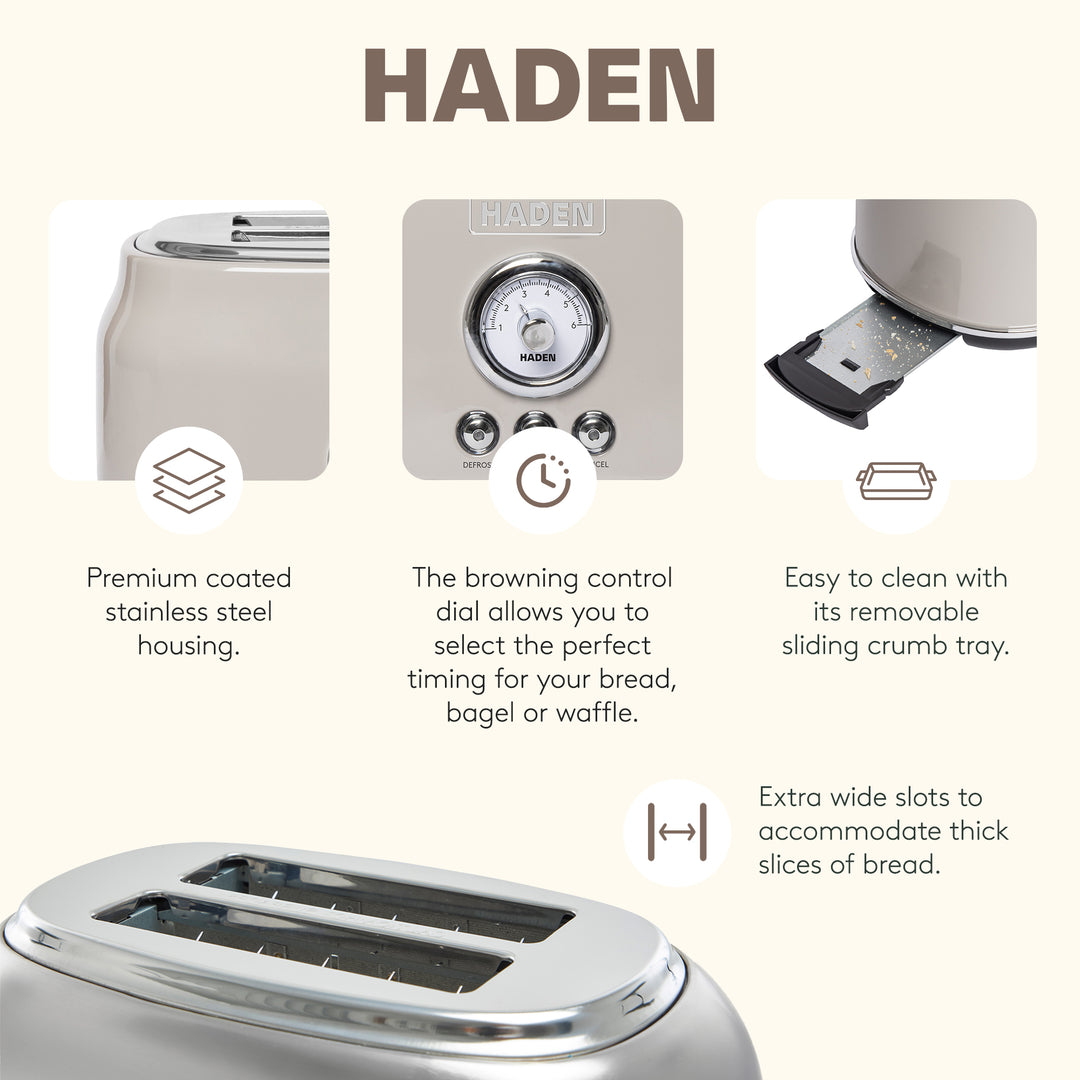Haden Dorset 2 Slice Wide Slot Toaster & Electric Water Kettle, Putty & Chrome