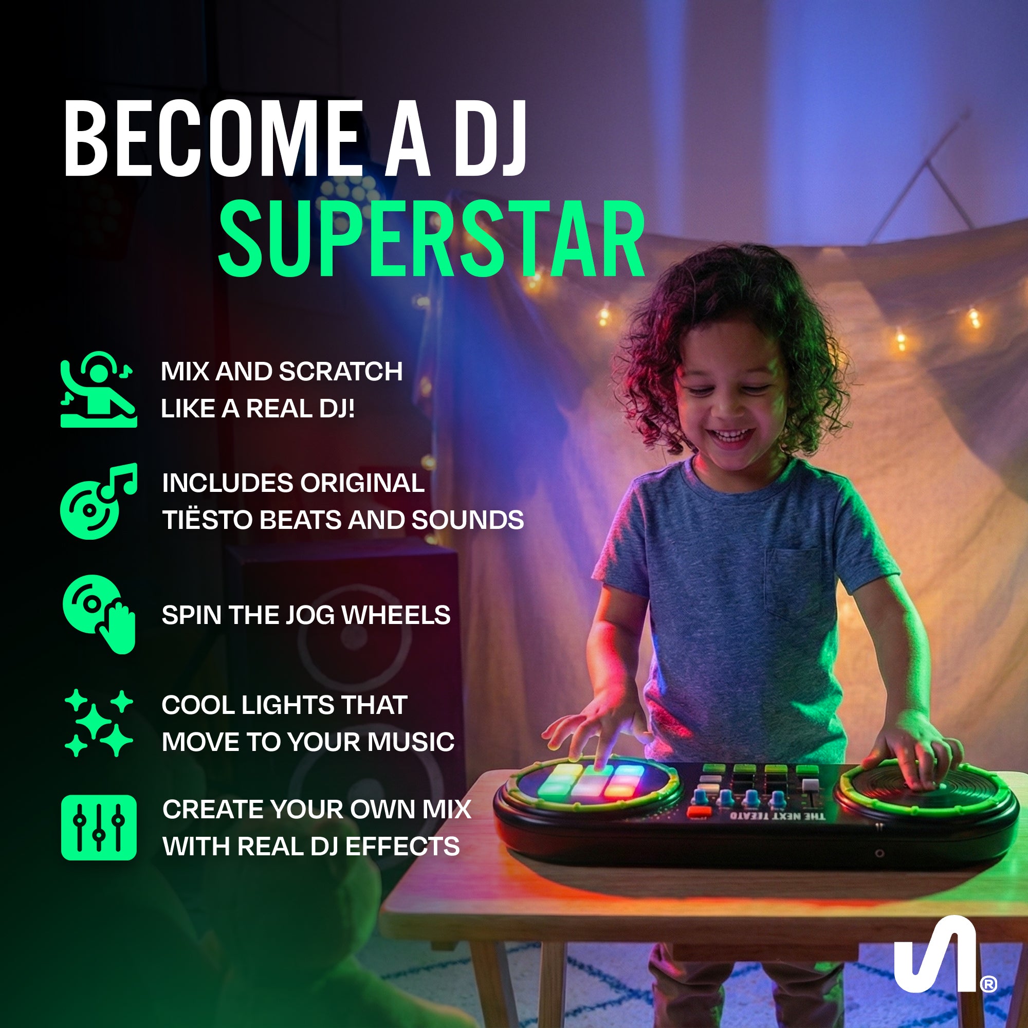 The Next Beat by Tiesto First DJ Mixer for Kids w/Jog Wheel, Effects, & LED Pads - VMInnovations