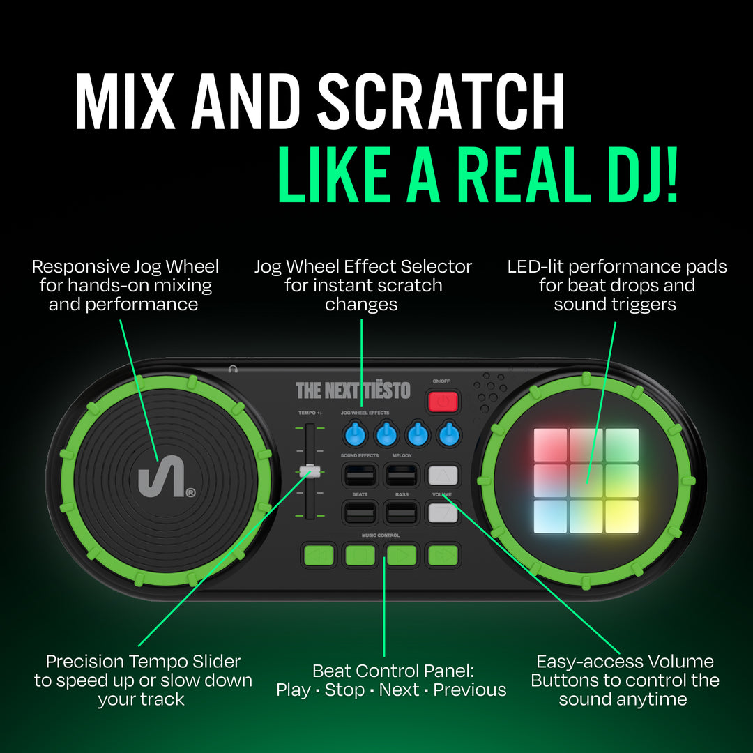 The Next Beat by Tiesto First DJ Mixer for Kids w/Jog Wheel, Effects, & LED Pads